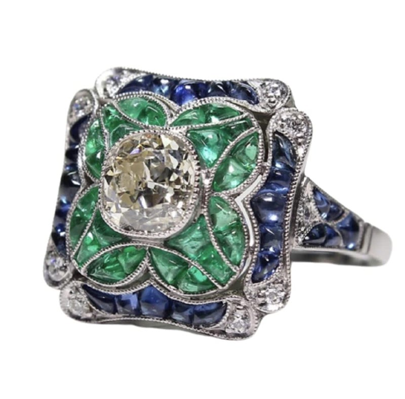Yuren 925 Sterling Silver Vintage Emerald Ring Blue Sapphire White Topaz Ring Women Wedding Fashion Jewelry Size 6-10 (US code 9) - Image 1